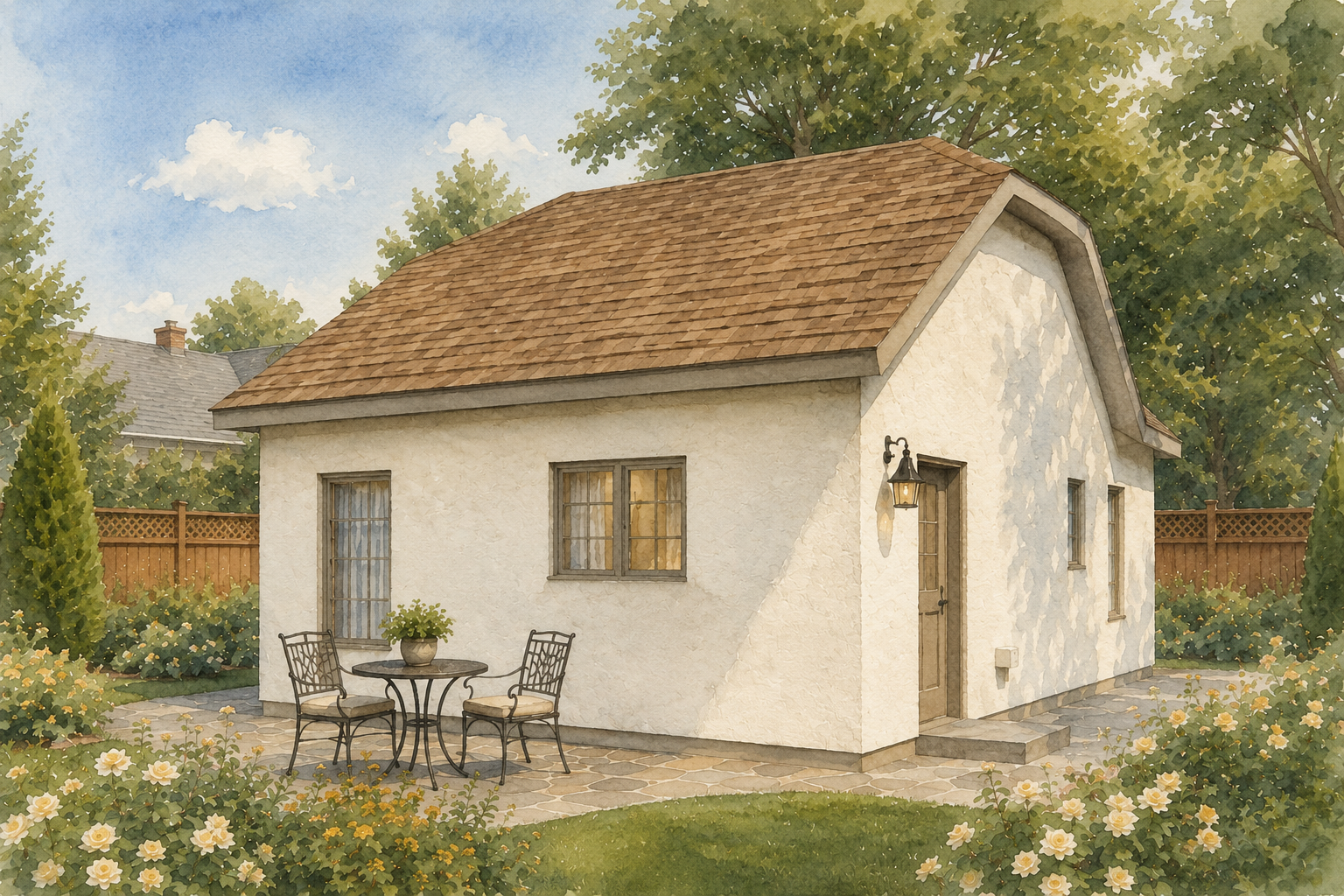 A cozy white cottage with a brown shingled roof, surrounded by greenery and a garden with yellow roses. There is a patio with a small round table and two chairs outside the cottage.