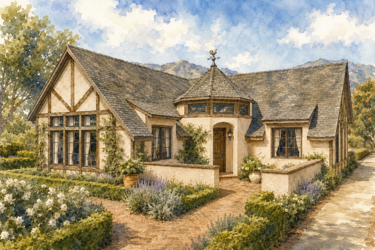 A watercolor illustration of a house with a stone and stucco exterior, multiple gabled roofs, and a turret with a weather vane, surrounded by well-manicured gardens and bushes under a blue sky with clouds.