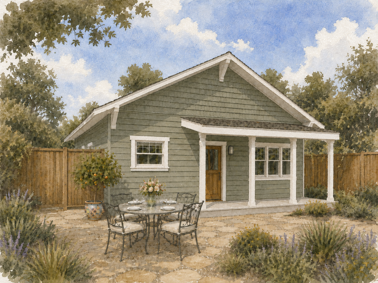 A cozy green house with a small porch, brown front door, and white-framed windows, situated in a landscaped yard with potted plants, a round patio table set with place settings, a vase of flowers, and a wooden privacy fence under a partly cloudy sky.