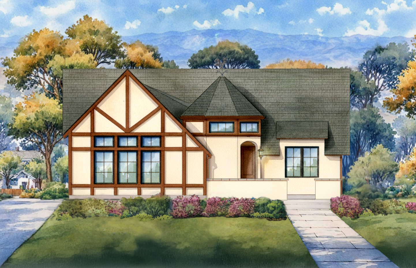A watercolor illustration of a two-story house with Tudor-style architecture, having white walls with dark brown wooden beams, large front windows, a front porch with a lamp, and a green shingle roof, surrounded by trees and a garden.