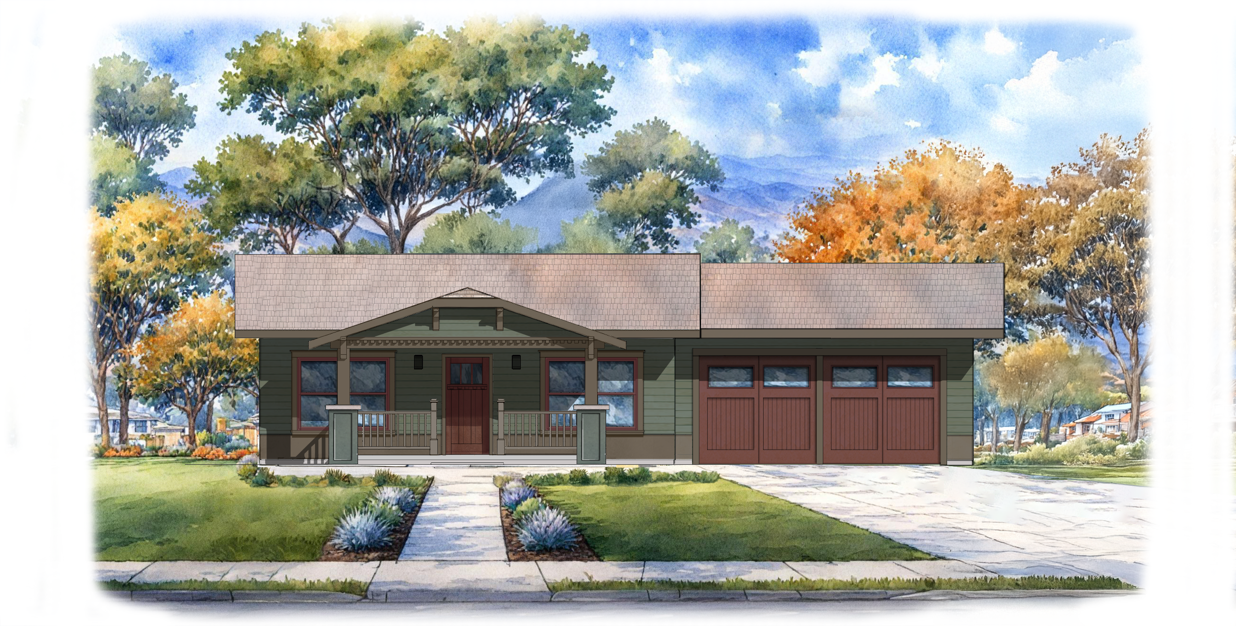 front elevation render of The Wagner ADU with attached two car garage