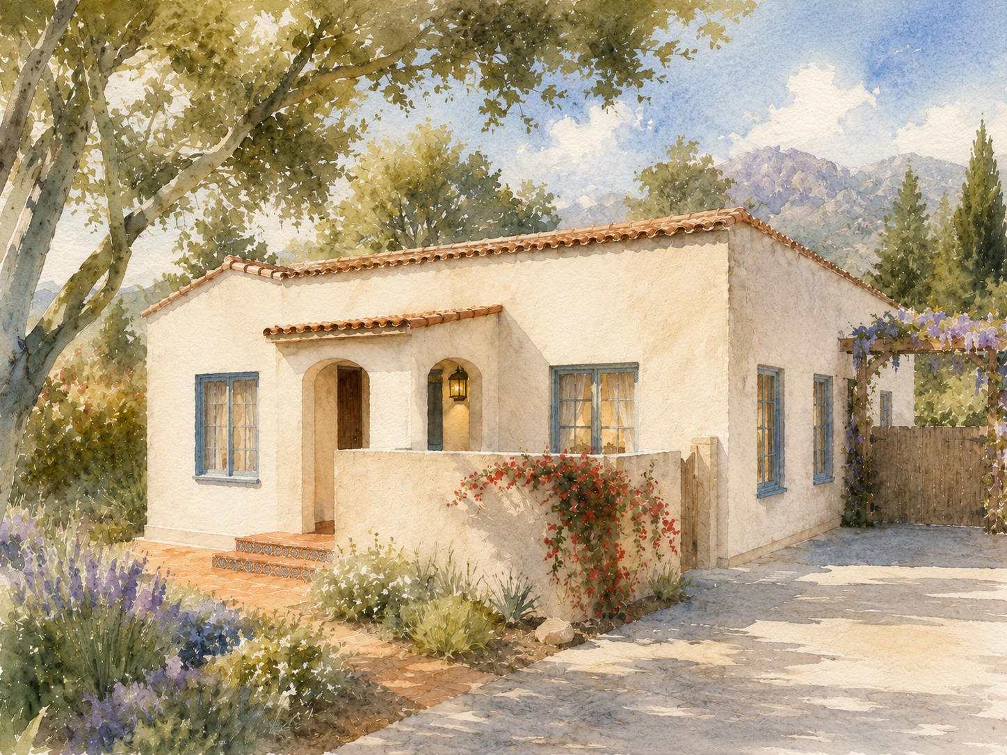 Watercolor painting of a Mediterranean-style house with beige stucco walls, red clay tile roof, blue window frames, and a garden with purple and red flowering plants, surrounded by trees, with mountains and blue sky in the background.