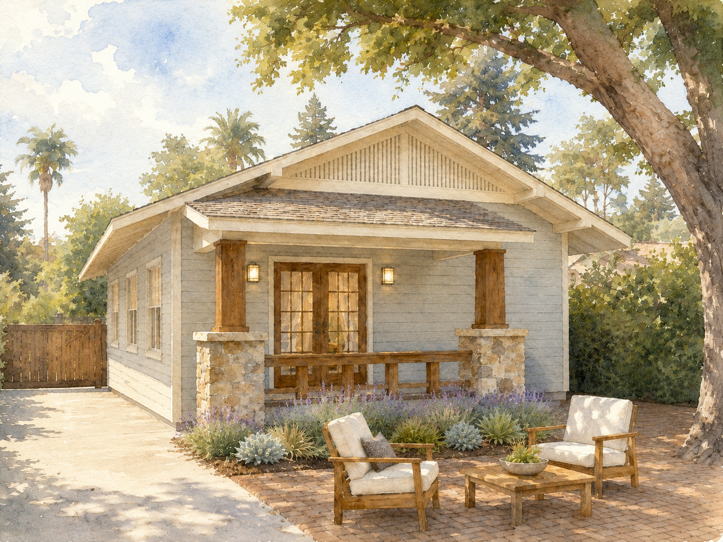 Watercolor illustration of a small, modern house with a front porch, wooden columns, and a stone base. The house is surrounded by greenery, including trees and shrubs, with an outdoor seating area with chairs, a small table, and potted plants in the 