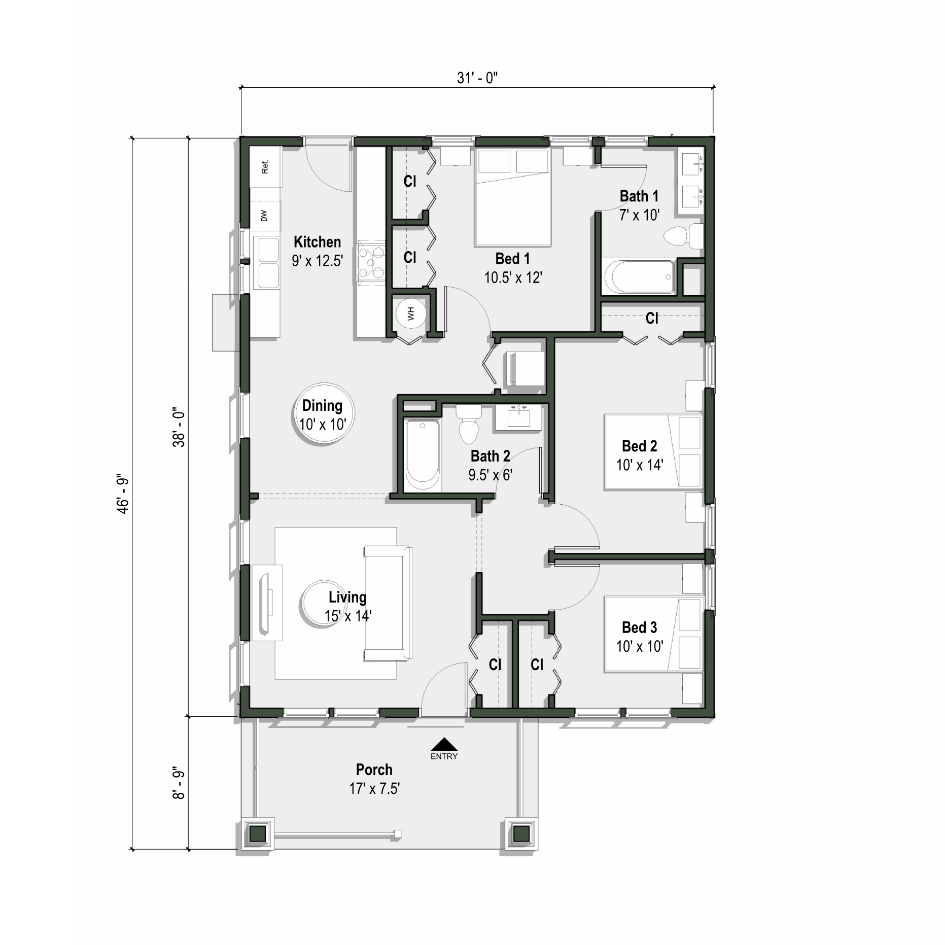 The Glen floor plan has 3 bedrooms and 2 full baths.
