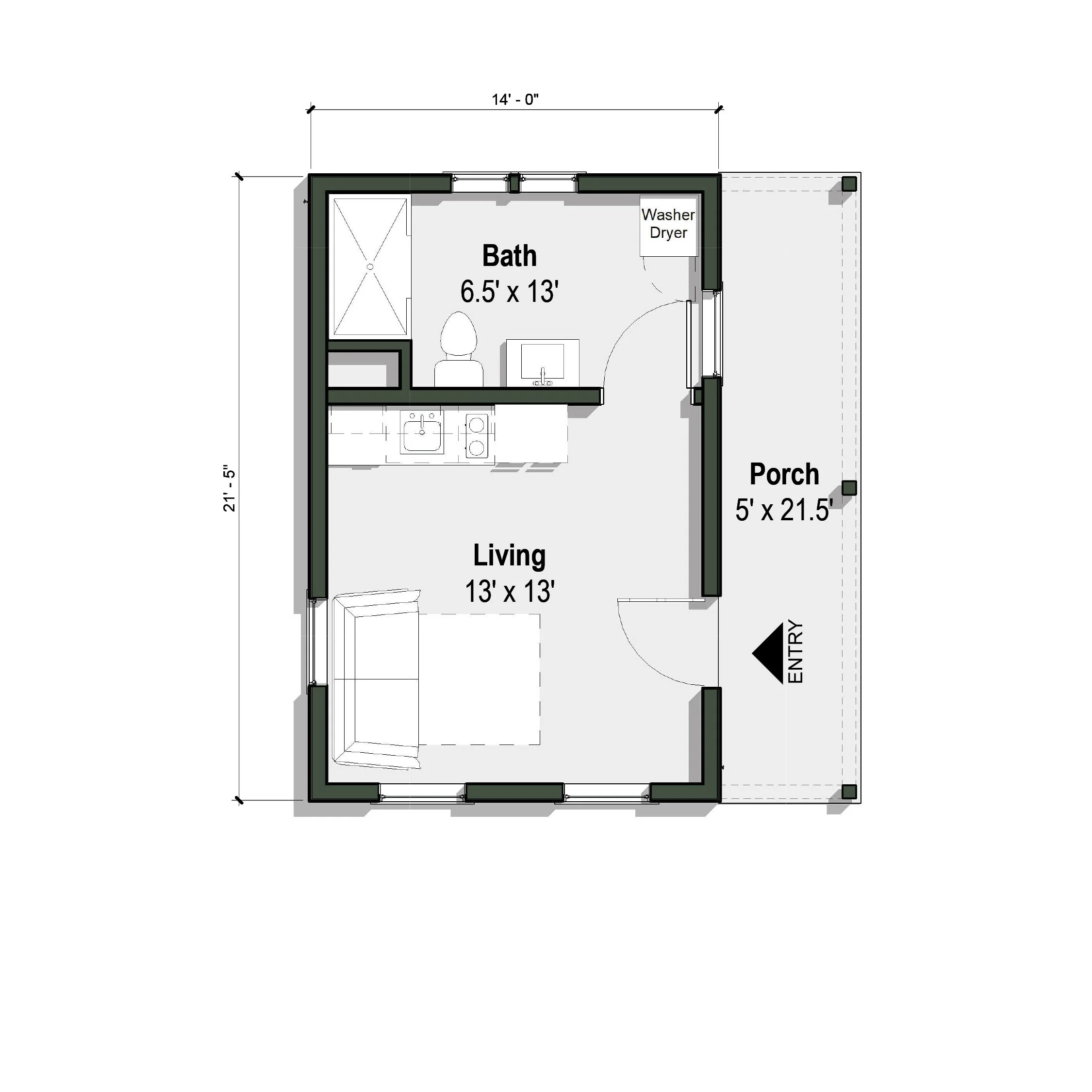 The Garfield Jr II floor plan has a studio layout and 1 bathroom