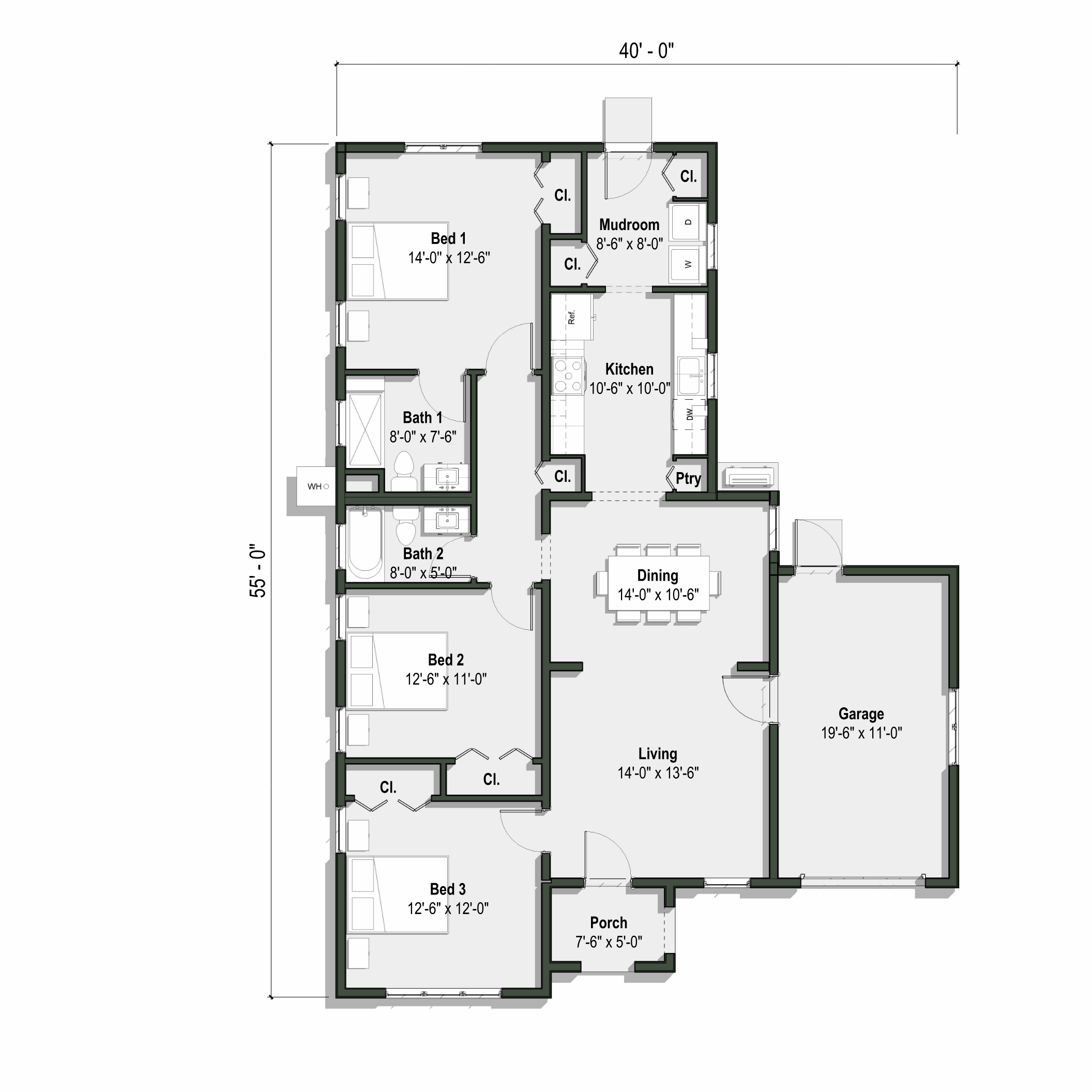 The Elisha floor plan has 3 bedrooms and 2 full bathrooms + attached garage