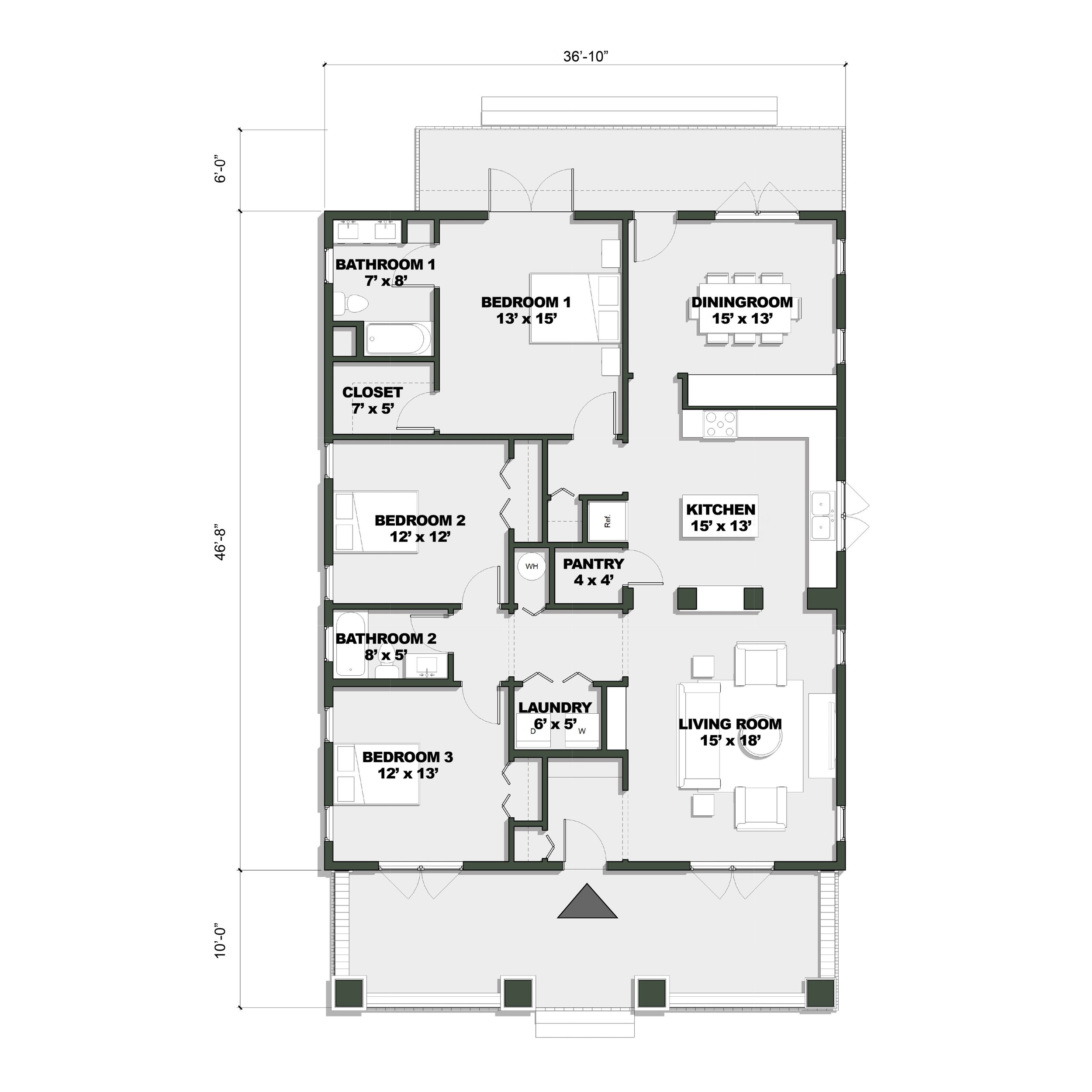 The Lexington floor plan has 3 bedrooms, 2 full bathrooms