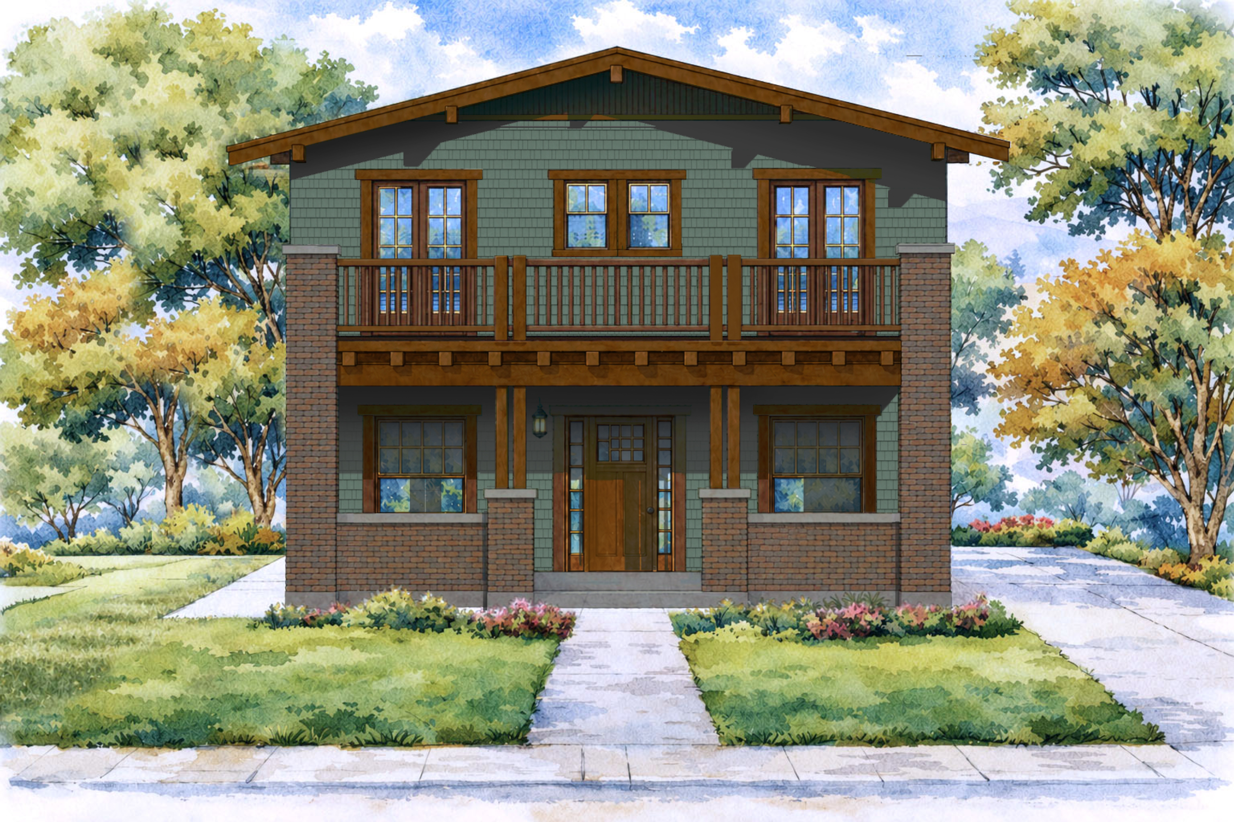 Watercolor illustration of a two-story house with a green exterior, brick accents, wooden accents, and a front porch, surrounded by trees and a lawn.