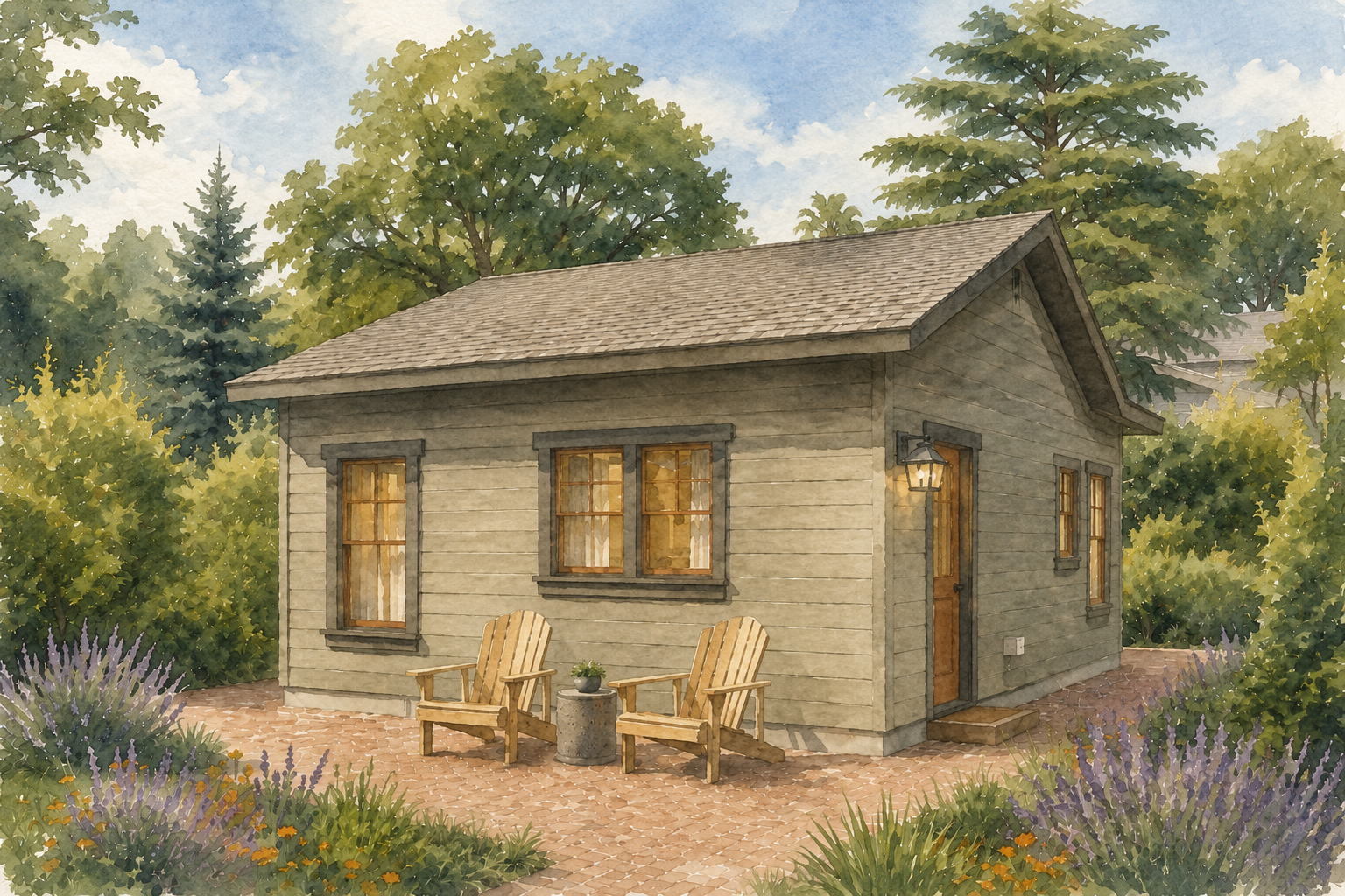 Watercolor painting of a small wooden house with a brick patio, surrounded by green trees and purple flowers, with two wooden chairs and a small table outside.