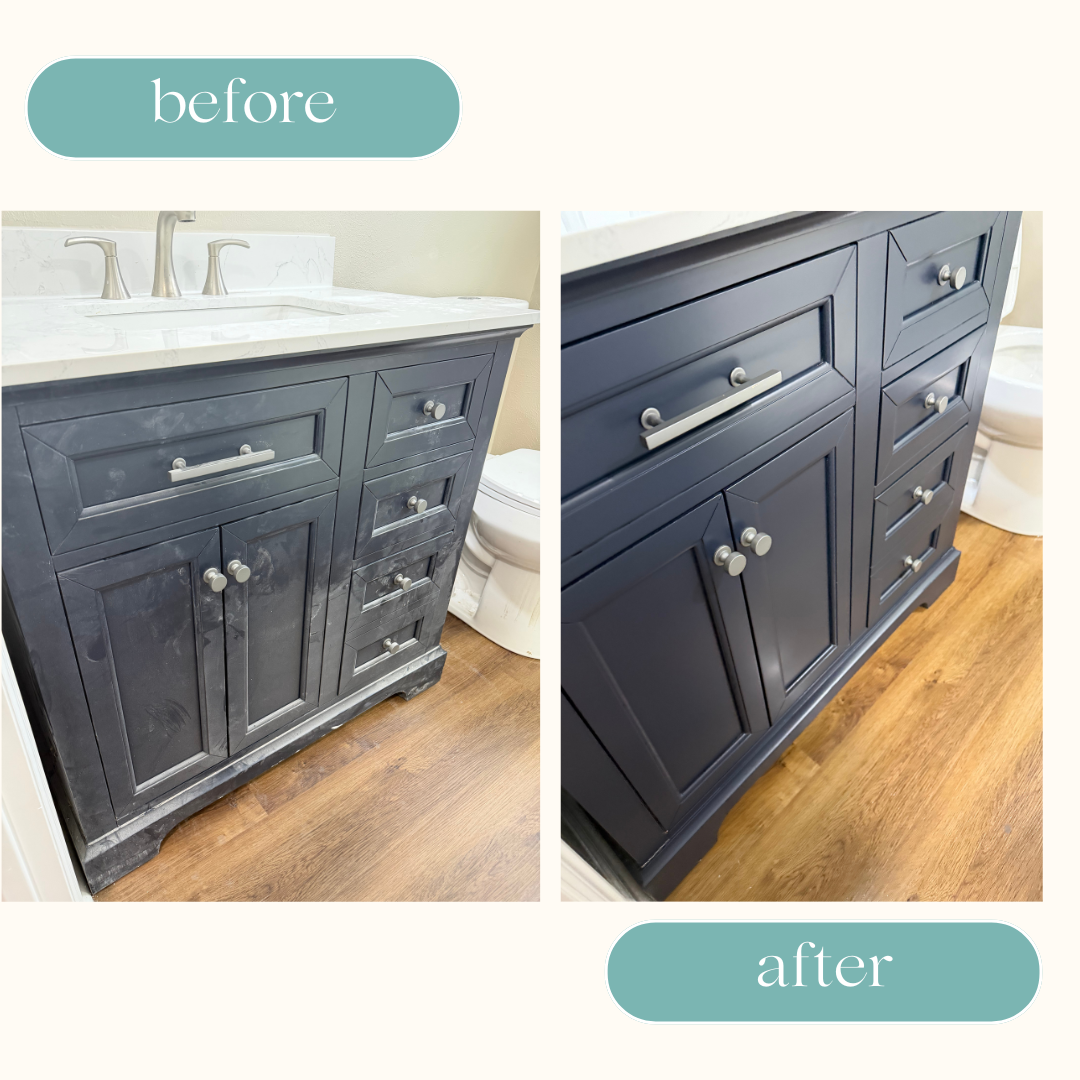 Comparison of a dark blue bathroom vanity cabinet before and after painting, with a white marble countertop and silver hardware, on a wooden floor.