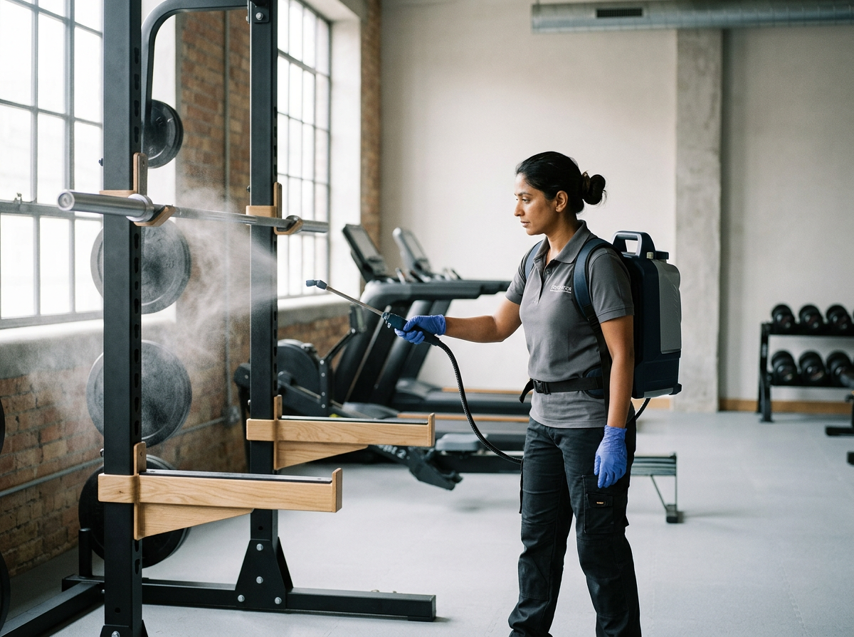 A woman disinfects gym equipment with a spray cleaner in a fitness center.