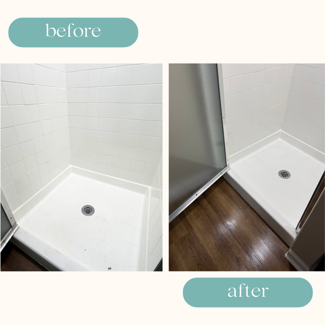 Comparison of a shower stall before and after cleaning or renovation, showing the wall tiles, drain, and new base.