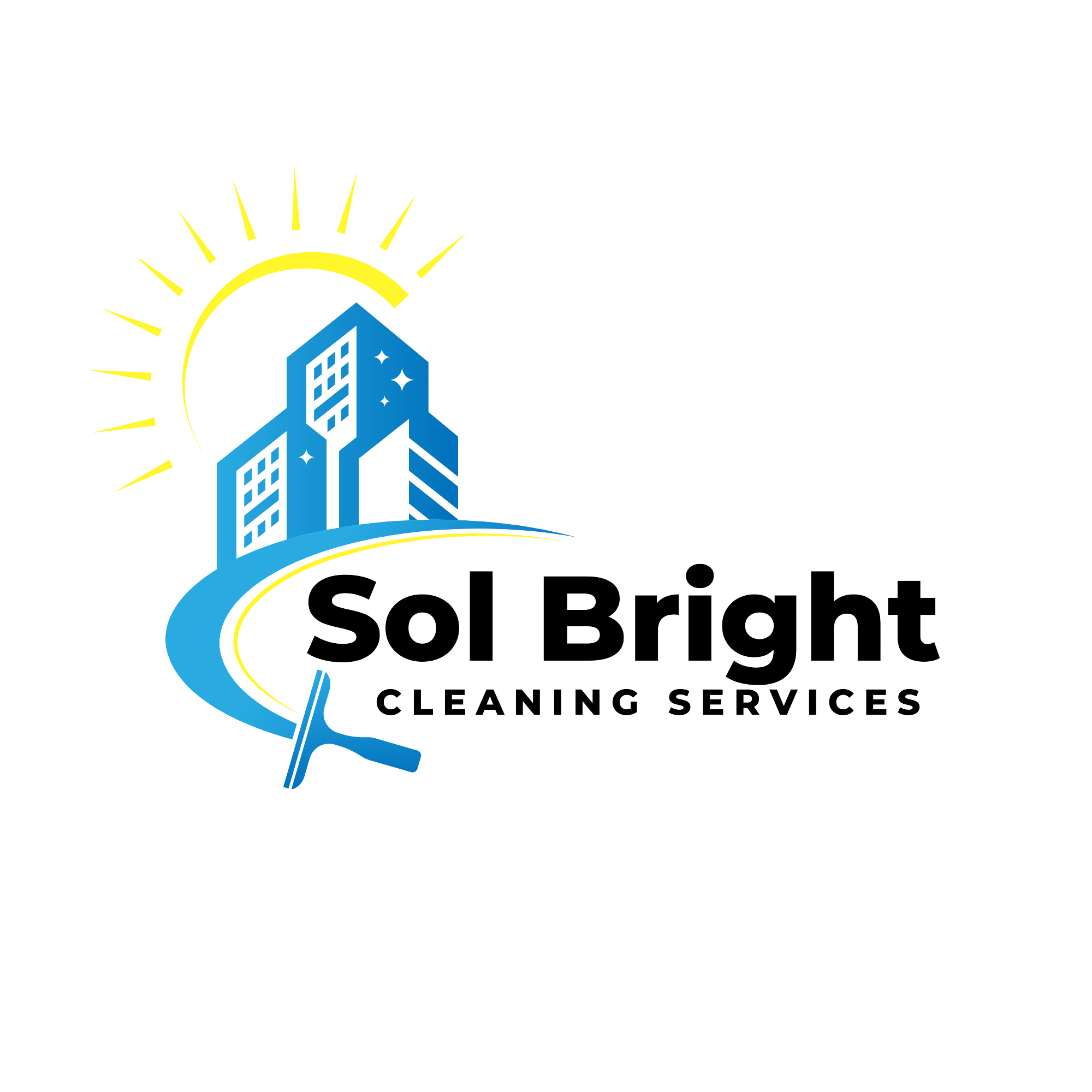 Logo for Sol Bright Cleaning Services featuring a stylized city skyline, a rising sun, and a sweeping pathway.