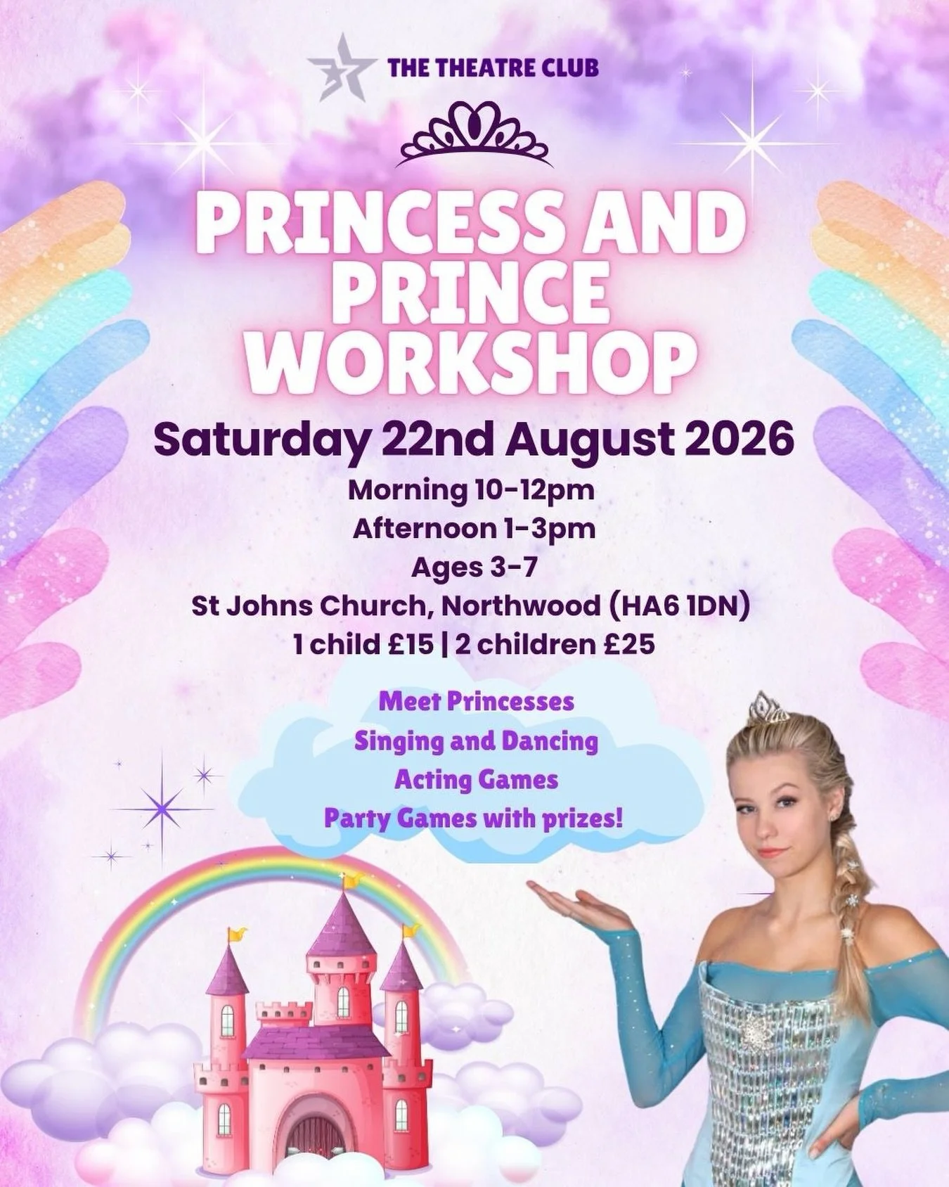 ✨👑 PRINCESSES, PRINCES &amp; MAGIC AWAIT! 👑✨

Looking for a fun summer holiday activity in Northwood for your little one? Join us for our magical Princess &amp; Prince Workshop filled with singing, dancing, acting games and party fun! 💜🌈

Your ch