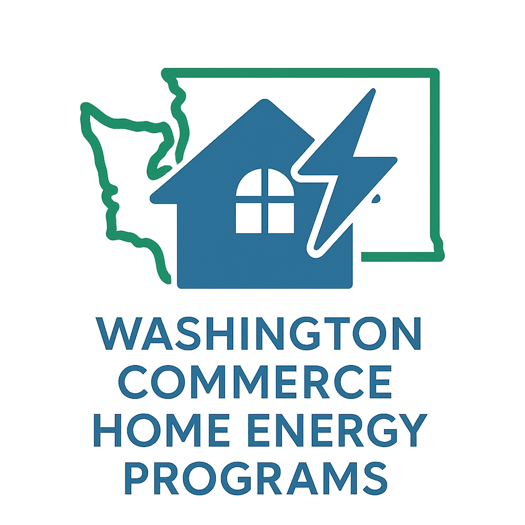 Illustration of a house with a lightning bolt and a house outline behind it, over a map of Washington state. Text reads "Washington Commerce Home Energy Programs."