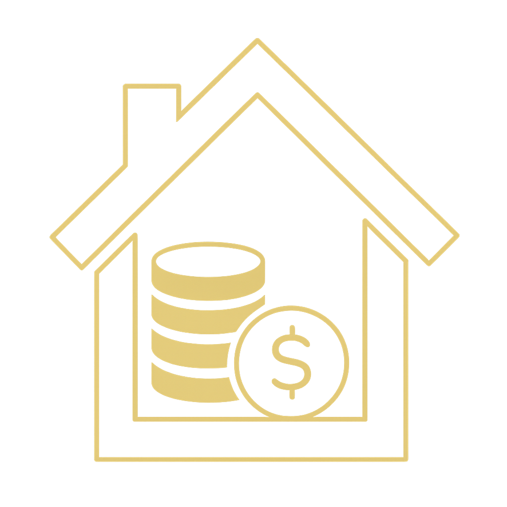 Glowing neon house outline with stacked coins and a dollar sign inside.