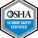 OSHA 10 Hour Safety Certified badge with blue and black design