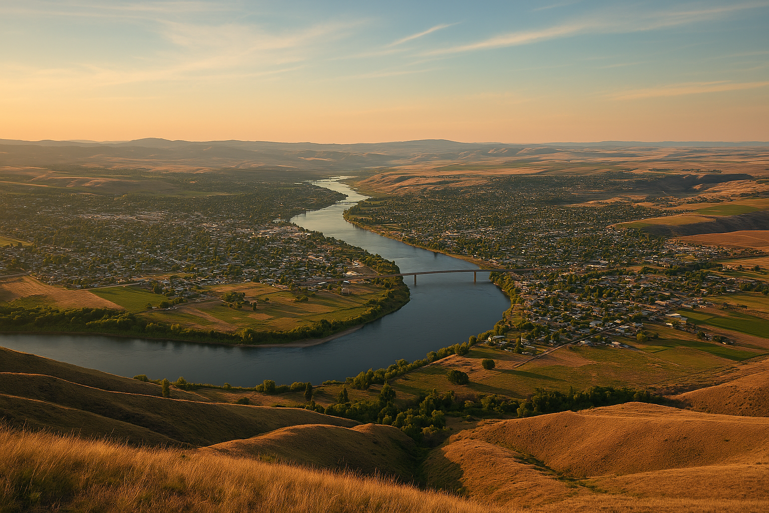 An aerial view of a river flowing through a town with a bridge, surrounded by fields and hills, during sunset.