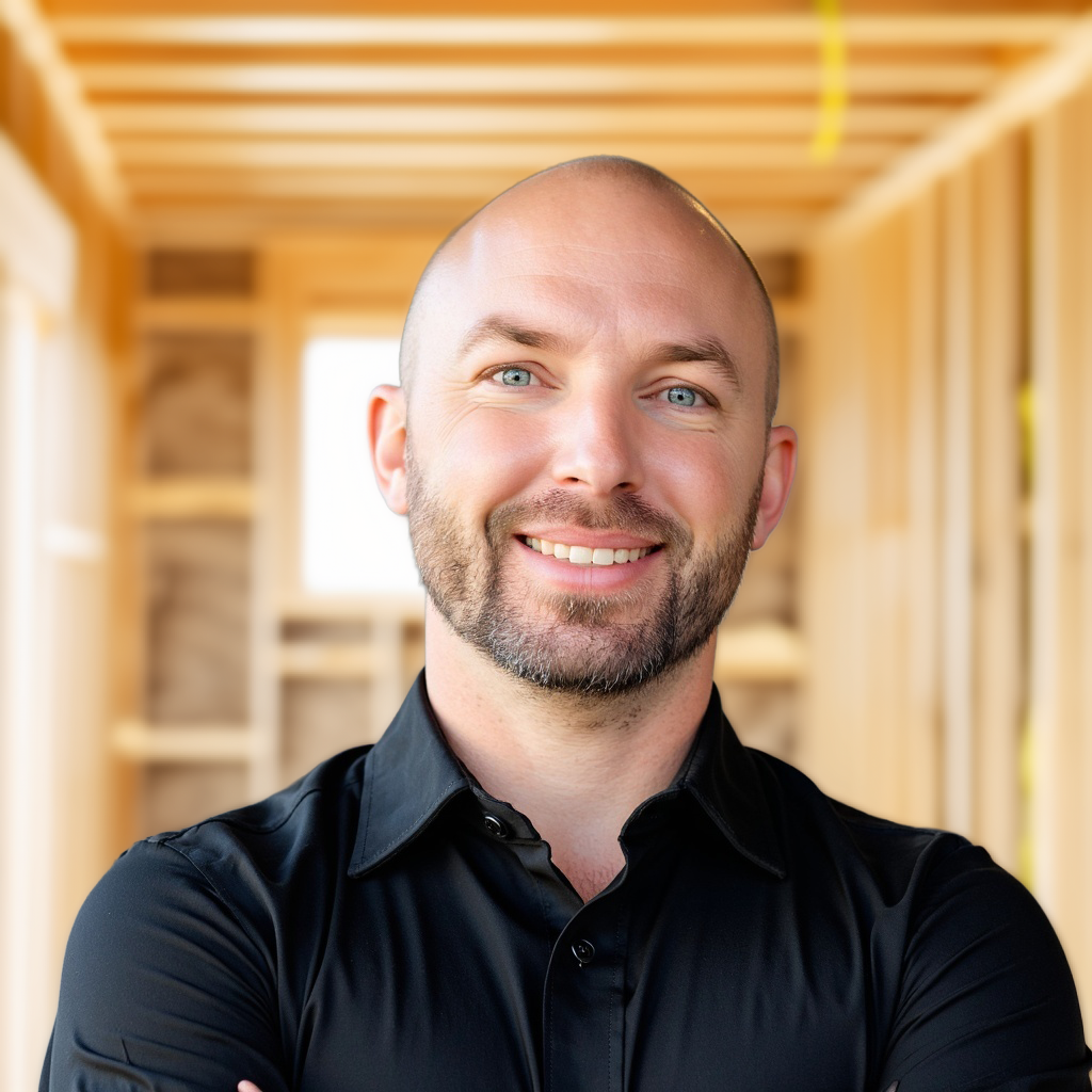 A smiling man with a beard and a shaved head, wearing a black shirt, with a wooden construction site background.