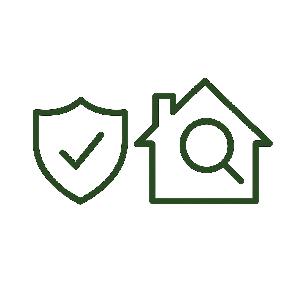 Outline of a shield with a checkmark on it, next to a house with a magnifying glass inside, representing home security or home inspection.
