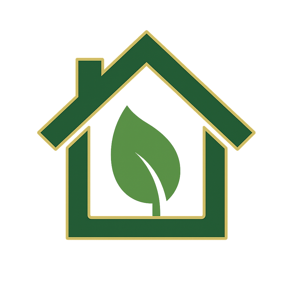 Green house icon with a leaf inside, glowing on a dark background.