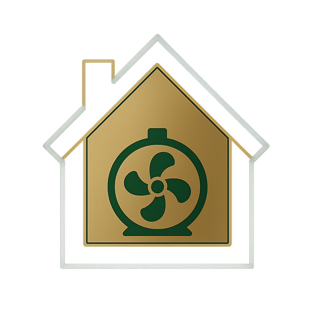 Neon sign of a house with a fan inside, glowing yellow and green.