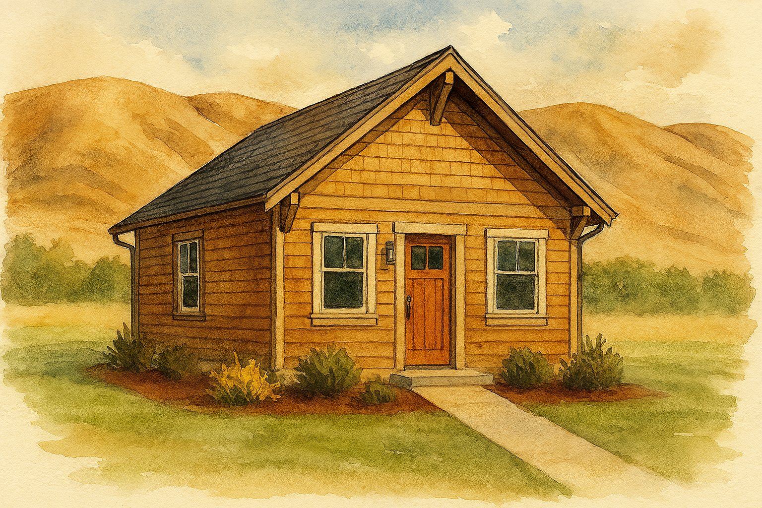 A watercolor painting of a small wooden house with a gabled roof, surrounded by a grassy yard with bushes, set against a backdrop of golden hills.