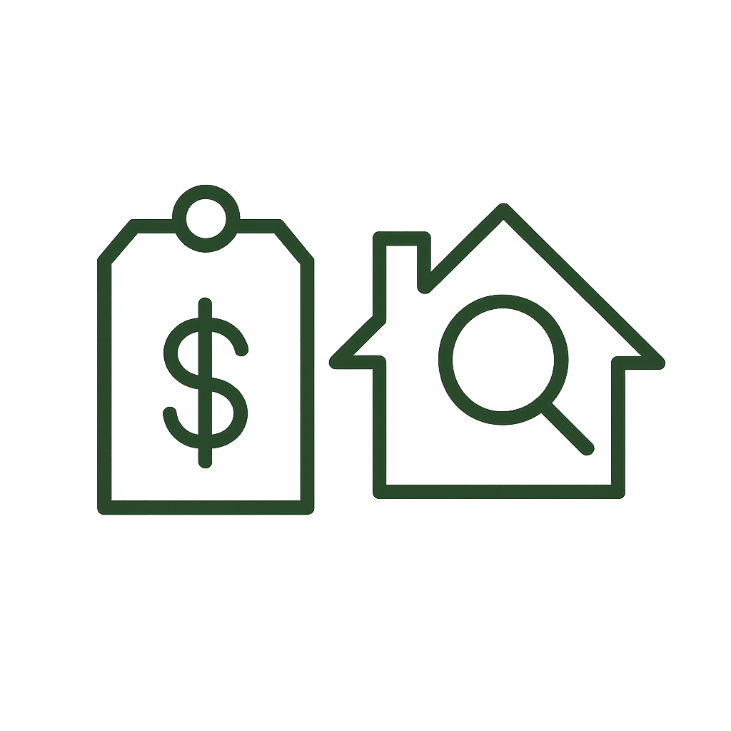 Outline of a house with a magnifying glass inside, and a price tag with a dollar sign next to it.
