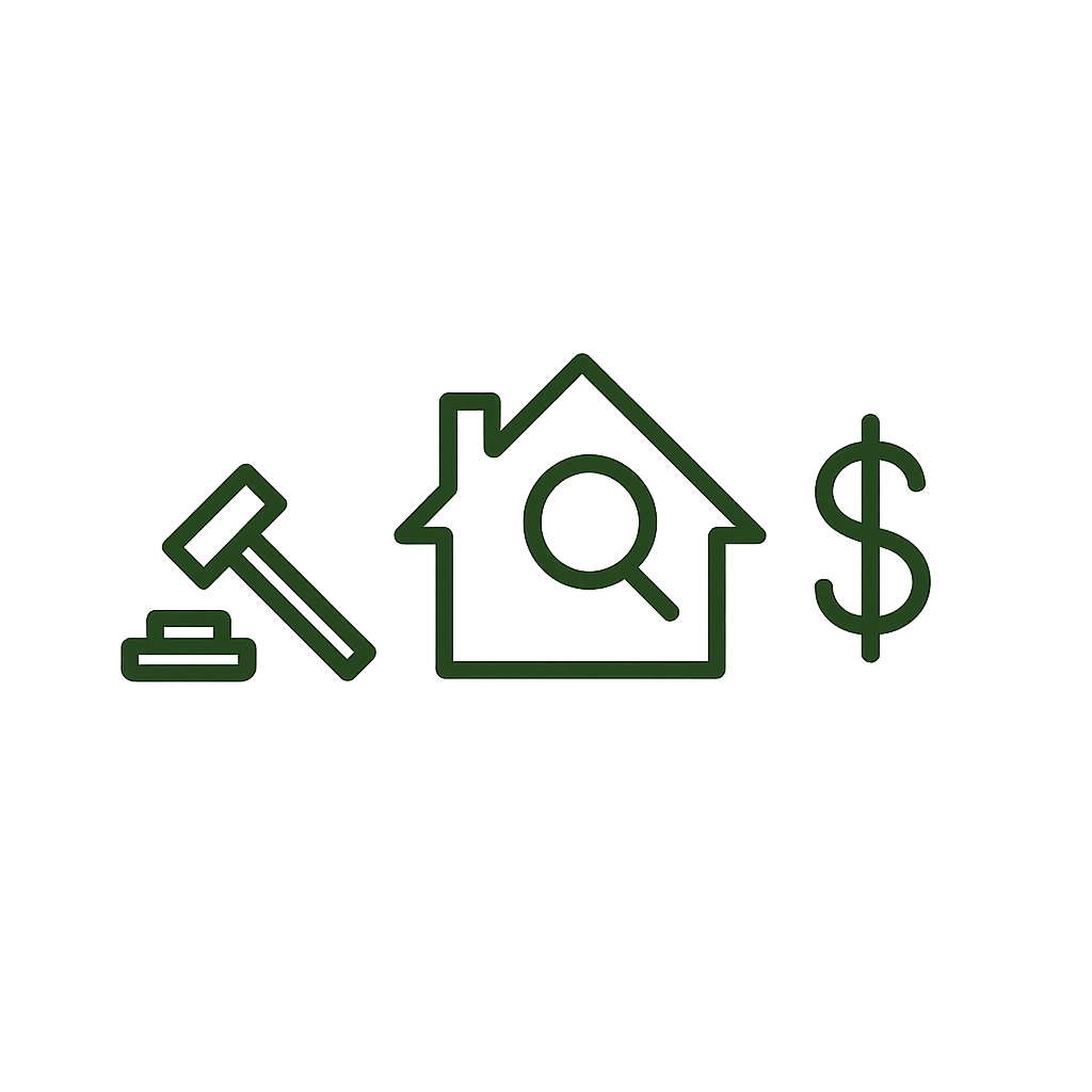 Icons of a gavel, house with a magnifying glass, and a dollar sign, representing real estate legal and financial services.