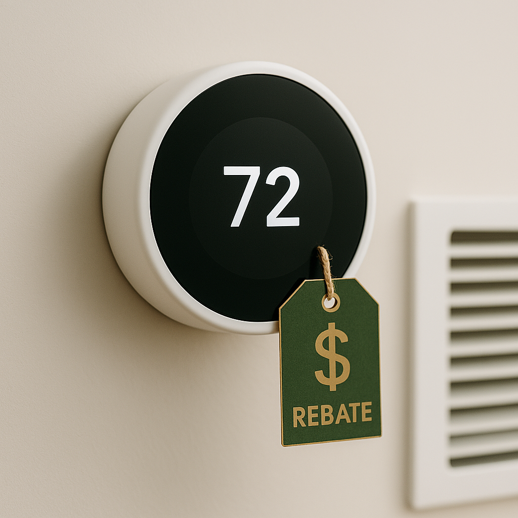 Thermostat showing 72 degrees with a green rebate sign hanging from it.