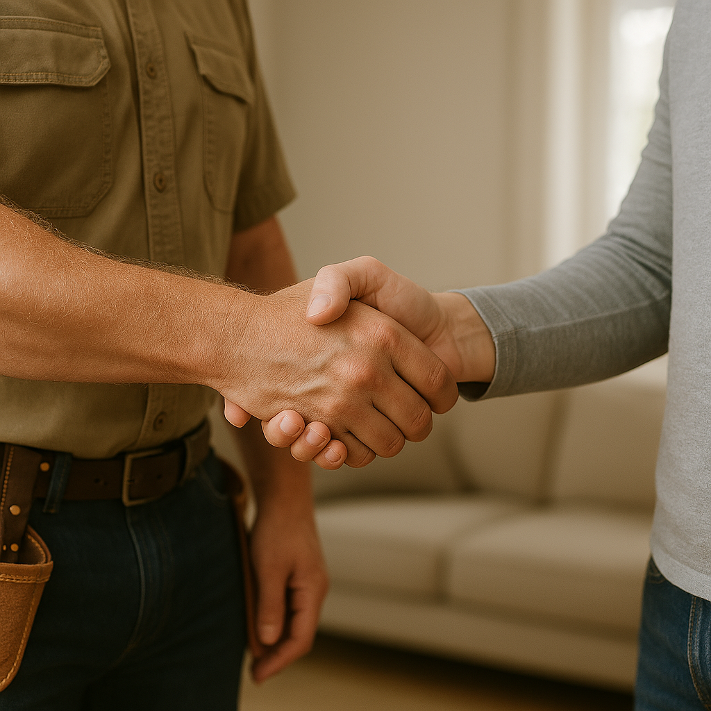 Two people shaking hands in an indoor setting, with one person wearing a tan shirt and the other wearing a gray long-sleeve shirt.