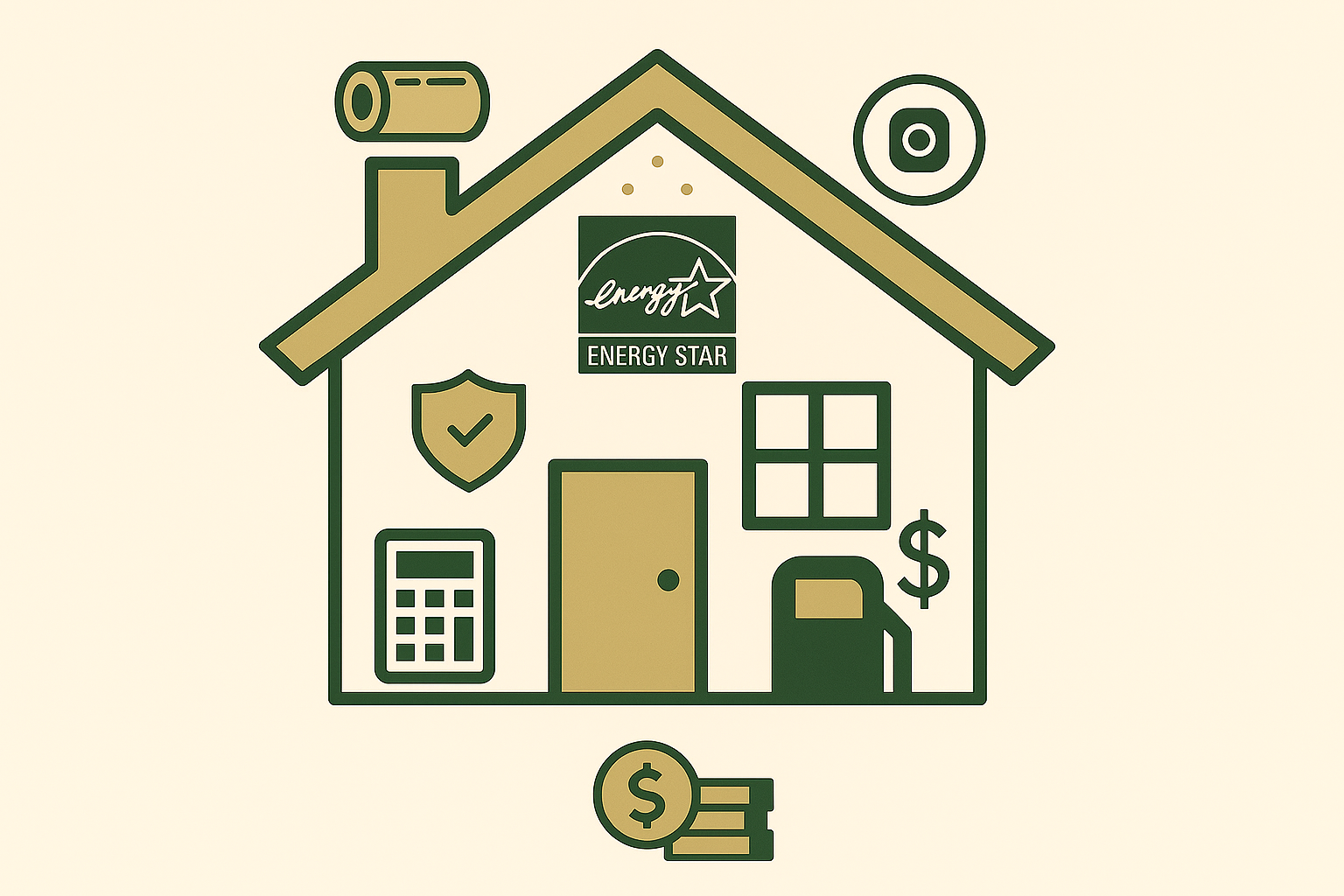 Line drawing of a house with a roof, window, door, and various icons including a shield, calculator, energy star logo, dollar signs, and coins.