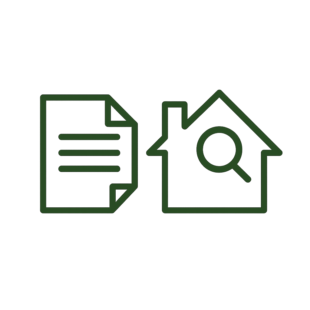 Green outline of a document and a house with a magnifying glass inside.