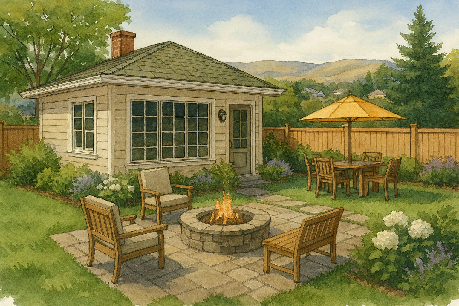 Watercolor painting of a backyard with a small cream-colored house, a fire pit with chairs, a patio table with an umbrella, surrounded by green plants and trees, with mountains in the background.