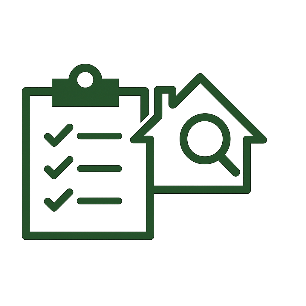 Outline of a clipboard with checkmarks next to lines of text, and a house with a magnifying glass inside it, all on a dark green background.