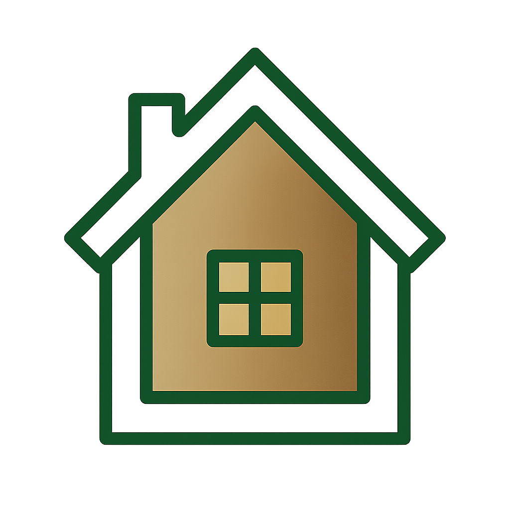 A graphic illustration of a house, featuring a brown interior with a green outline and a green roof.