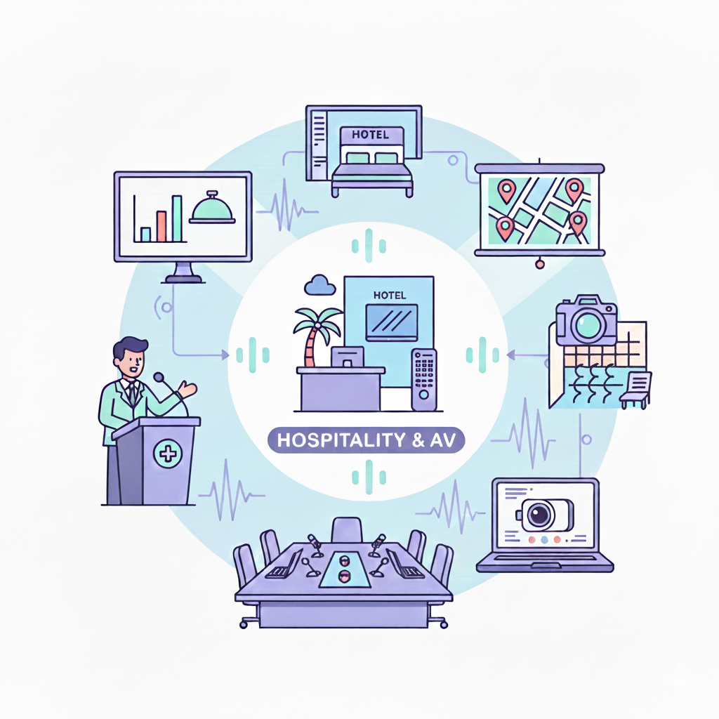 Illustration of hospitality and AV technology at a hotel, including a speaker, hotel room, location map, camera, conference room, tablet, and a person speaking at a podium.