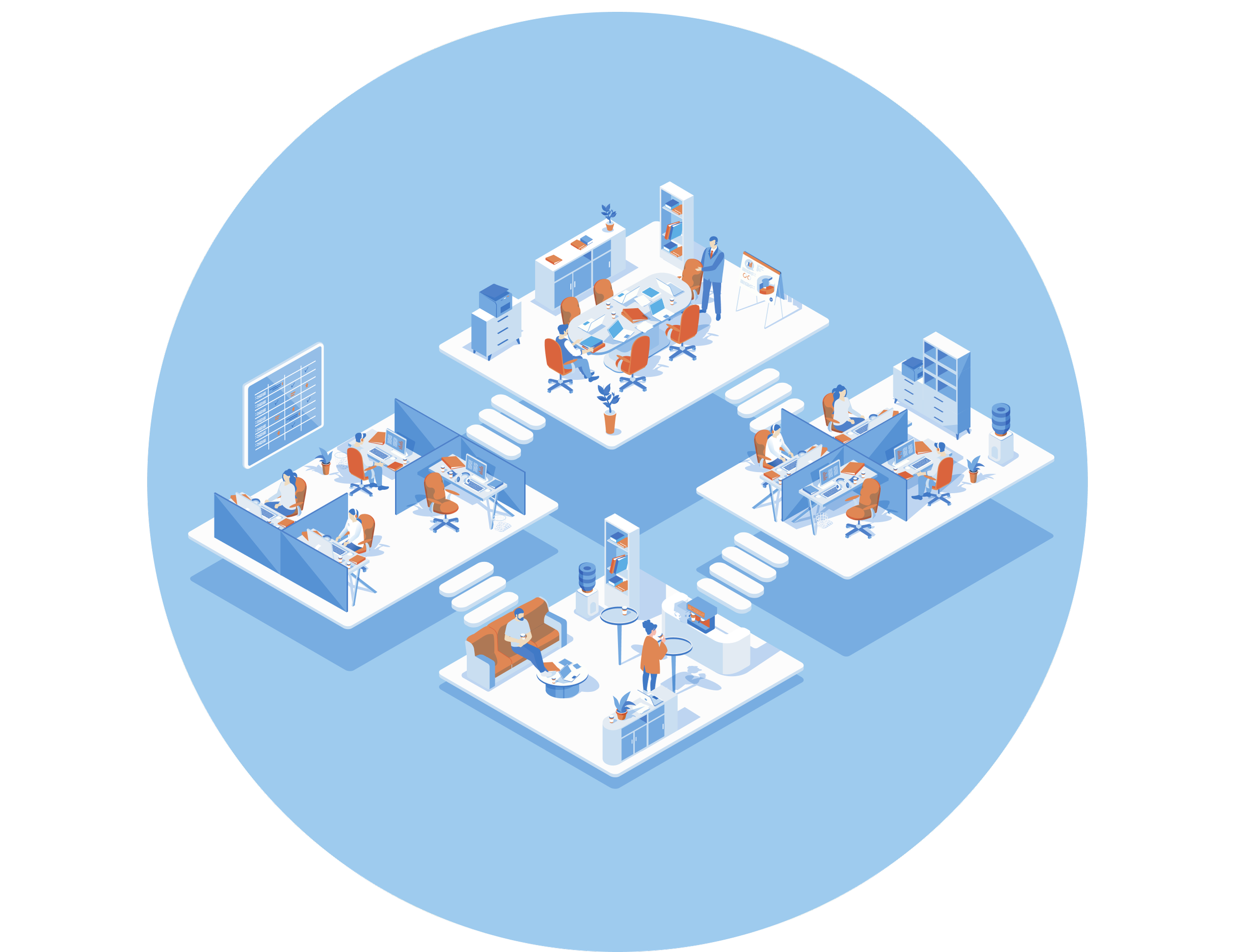 Isometric illustration of an office environment with multiple workspaces containing desks, computers, and employees working or collaborating. There are stairs and pathways connecting different office areas, with some employees standing and discussing while others work individually.