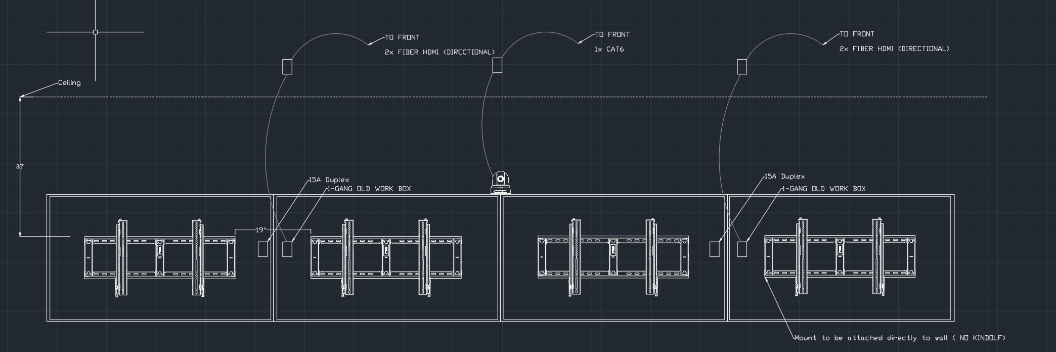 Technical drawing of a ceiling-mounted dual video conference system with mounting brackets, fiber HDMI cables, and old work boxes.