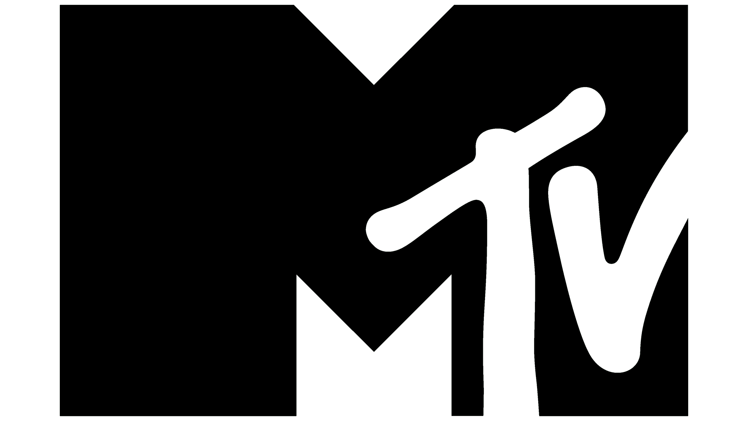 Outline drawing of the MTV logo with a hand giving a thumbs-up gesture inside it.