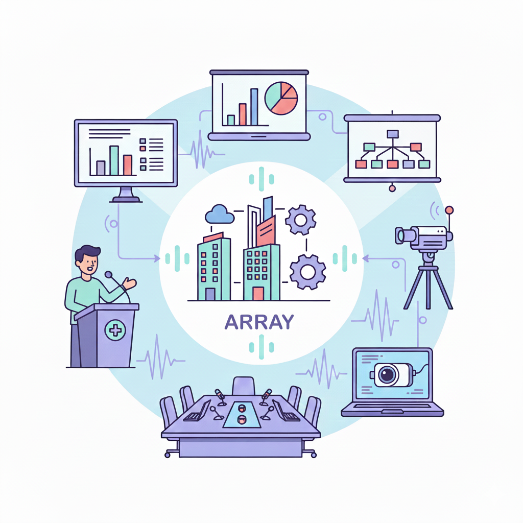 Illustration of a city with buildings, surrounded by various data and analysis tools including charts on monitors, organizational chart, telescope, camera, and conference table, representing data analysis and research using arrays.
