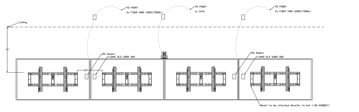 Technical schematic diagram of electrical wiring and mounting for fiber optic and coaxial cables connected to dual-duplex old work boxes, with notes on installation and mounting specifications.