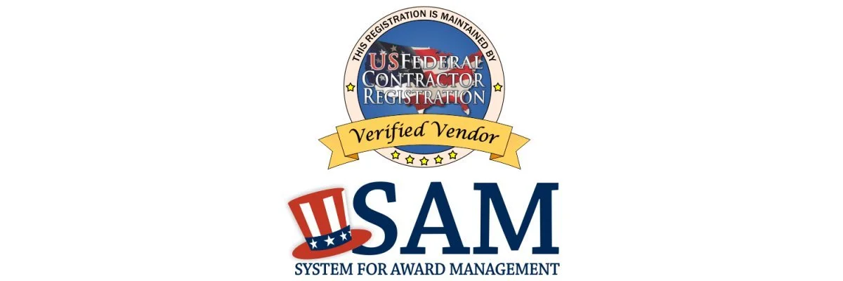 Certification badge for US Federal Contractor Registration Verified Vendor, part of the System for Award Management (SAM), featuring a circular emblem with stars, the American flag, and text indicating registration maintenance.