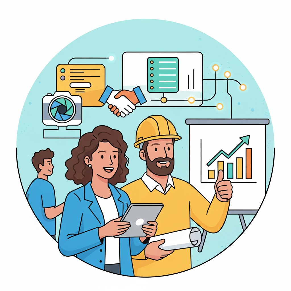 Illustration of diverse business professionals in a meeting, with charts, graphs, a handshake, and a construction worker wearing a yellow helmet, symbolizing collaboration and growth.