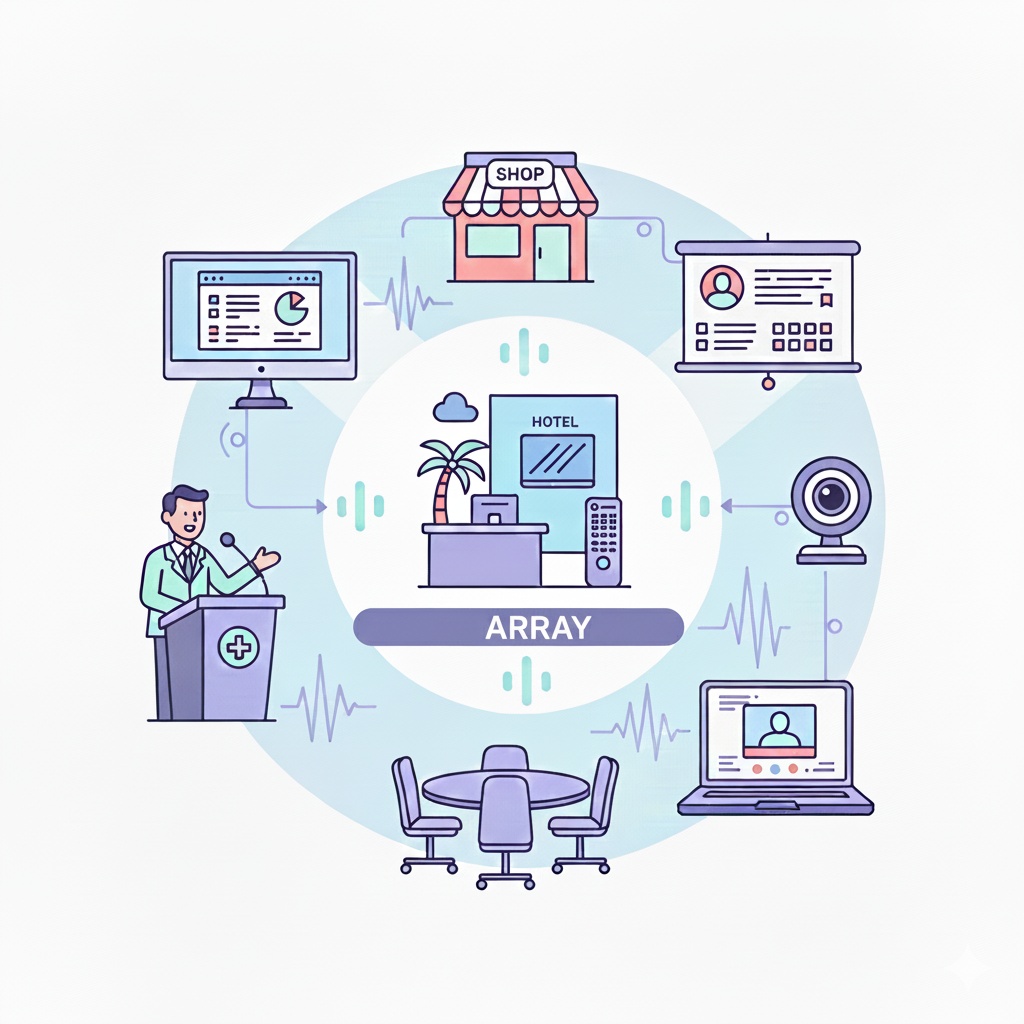 A digital illustration of a hotel lobby interconnected with various technology devices and systems, including a PC monitor with charts, a storefront, a profile screen, a webcam, a laptop with a video call, a conference table, and a healthcare professional speaker.