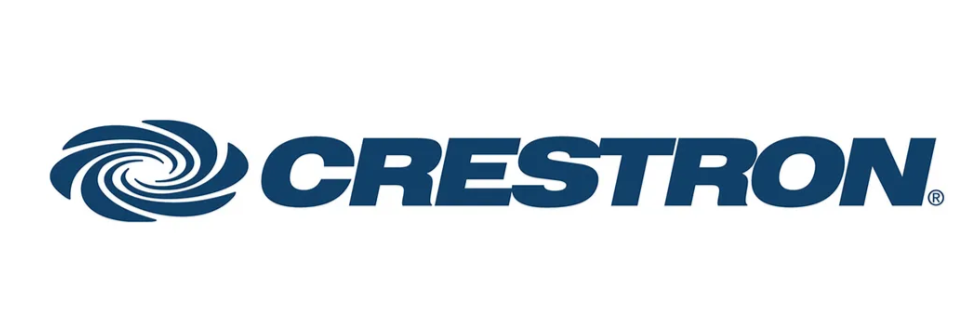 Crestron logo with a stylized swirl graphic in blue.