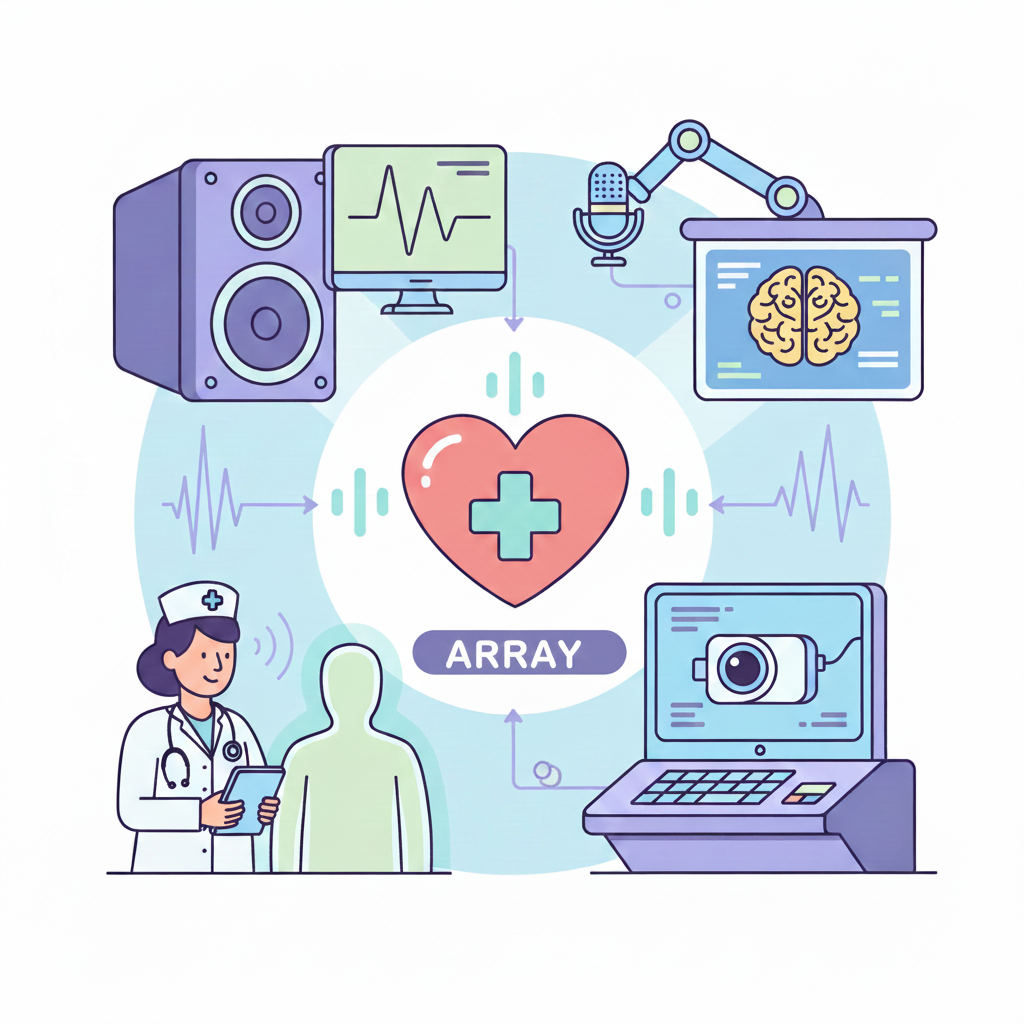 Medical illustration depicting healthcare technology including a heart with a medical cross surrounded by medical devices such as a stethoscope, ultrasound, MRI, camera, EEG, and a doctor with a patient.