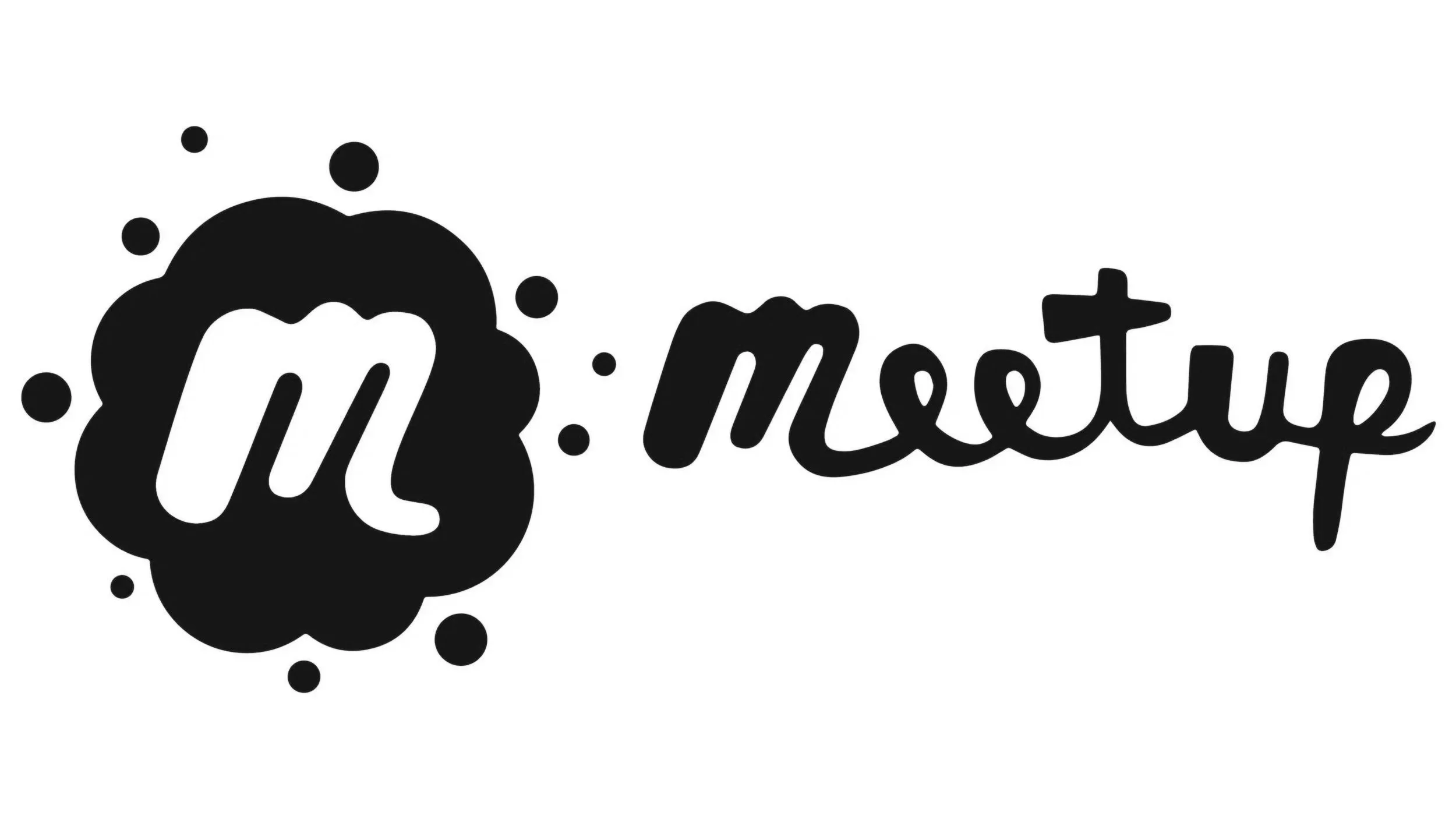 Black and white logo saying 'Meeting' with a speech bubble design.