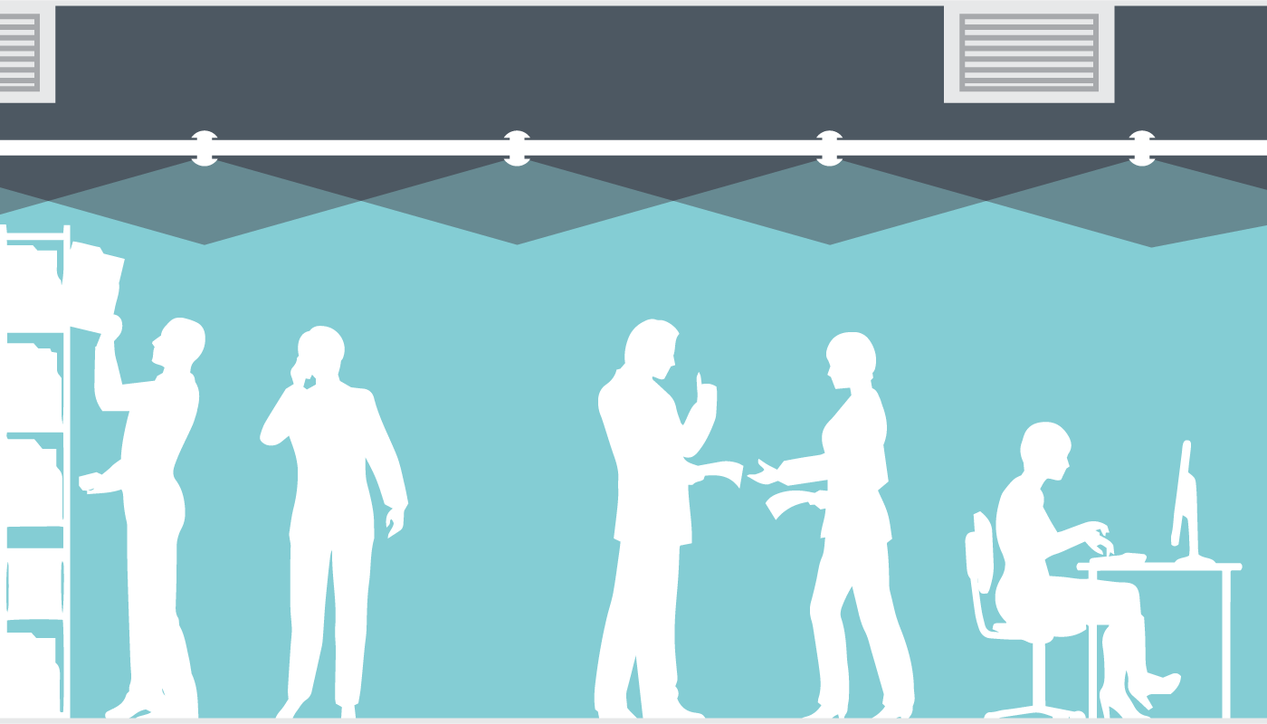 Silhouettes of five people in an office environment, engaging in different activities such as talking on the phone, reviewing documents, using a smartphone, and working at a computer, with office shelves and a blue background.