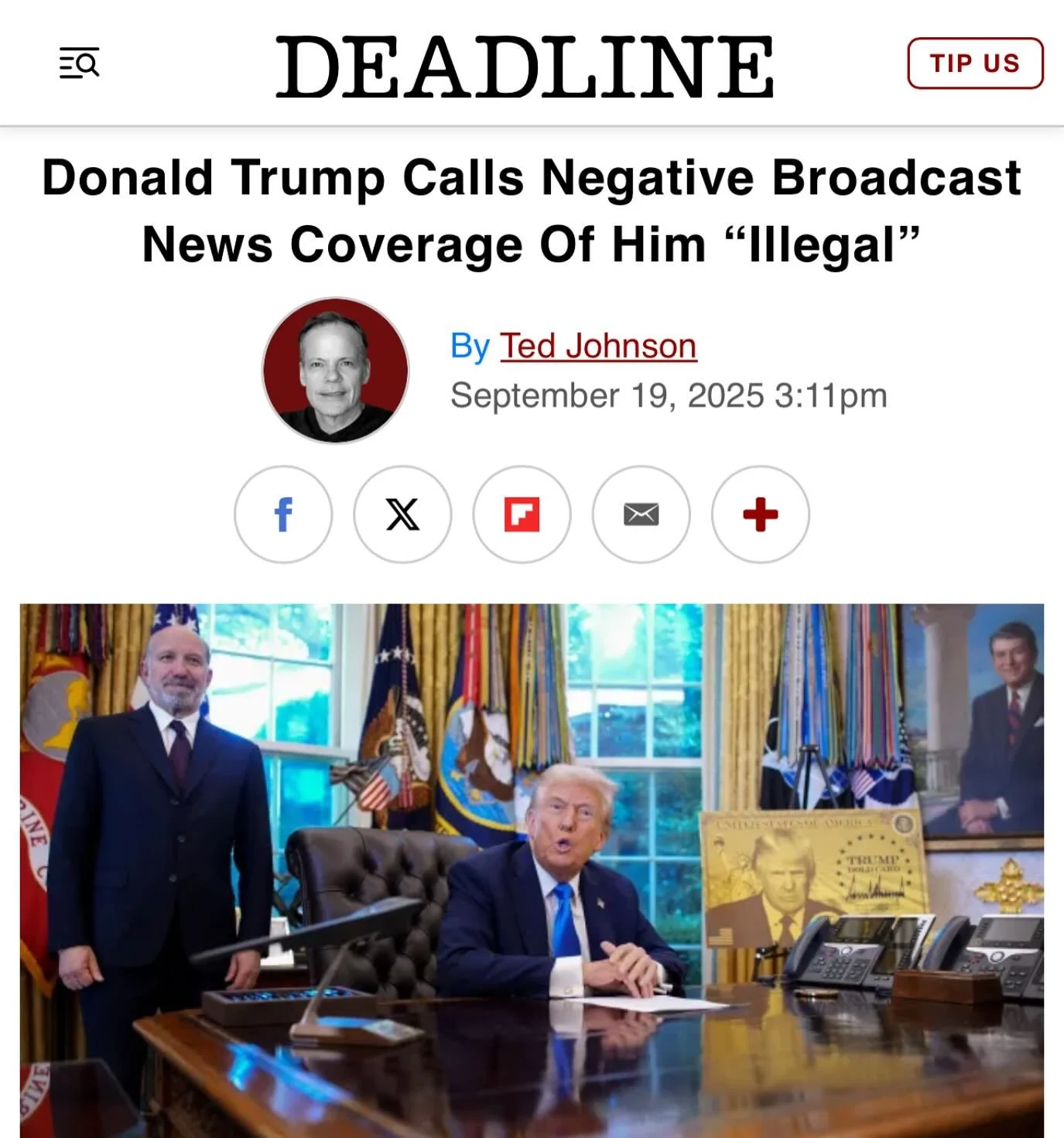 &ldquo;Speaking once again on concerns about free speech following ABC&rsquo;s suspension of Jimmy Kimmel, Donald Trump turned to network news coverage of him, calling it &ldquo;illegal&rdquo; because of his claim that so much of the reporting is neg